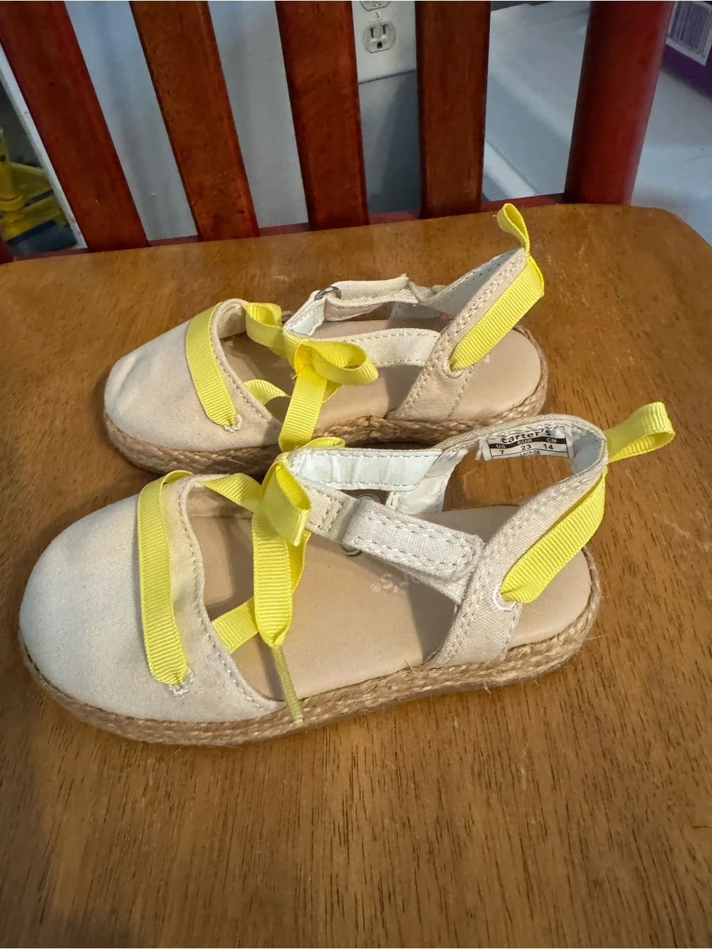 Carter's Cream Espadrille Sandals with Yellow Ribbon Trim